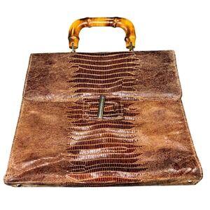Vintage Due Fratelli Brown Lizard Embossed Leather Bamboo Top Handle Bag Satchel